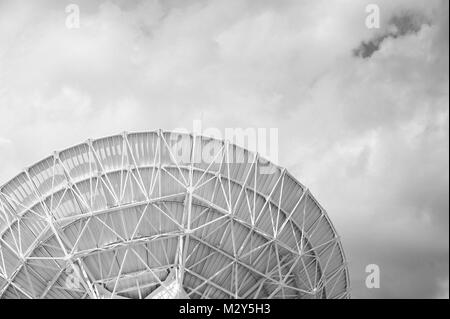 Black & White Photograph of a Very Large Array (VLA) Radio Telescope located at the National Radio Astronomy Observatory Site in Socorro, New Mexico. Stock Photo