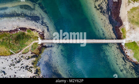 Top view aerial photo from flying drone of a beautiful sea landscape with bridge.