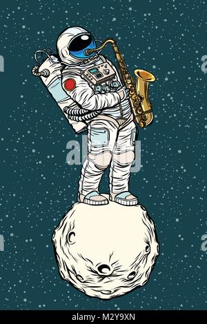 astronaut saxophonist plays jazz in space, saxophone musical ins Stock Vector