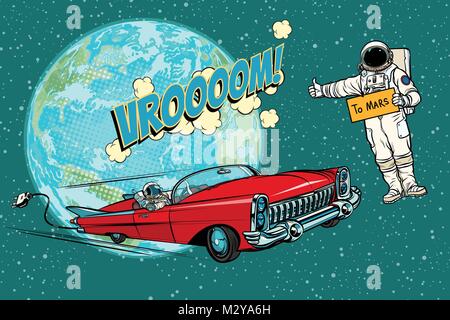 Hitchhiking astronaut waiting for the electric car in space. fli Stock Vector