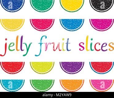 vector set of colorful fruit jelly slices isolated on white background. jelly fruit slices text. sugar citrus candy for food backgrounds Stock Vector