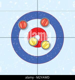 vector red and yellow curling stones in the house, on ice rink. curling sport game background. team with yellow rocks wins the end. eps10 illustration Stock Vector