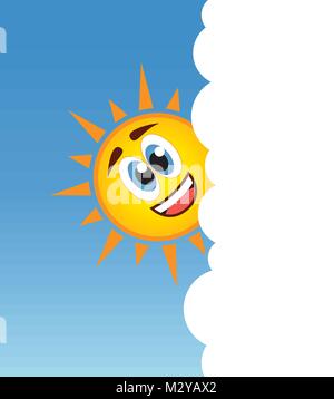 vector illustration of happy sun smiling behind a cloud. summer background with white copyspace for travel illustrations Stock Vector