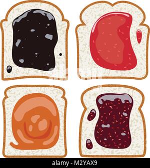 vector set of white toast bread slices with fruit jam. top view, flat style Stock Vector