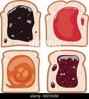 vector set of white toast bread slices with fruit jam. top view, flat style Stock Vector