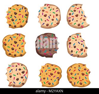 vector set of chocolate chip cookies with sprinkles isolated on white background. homemade bitten biscuit choc cookie collection Stock Vector
