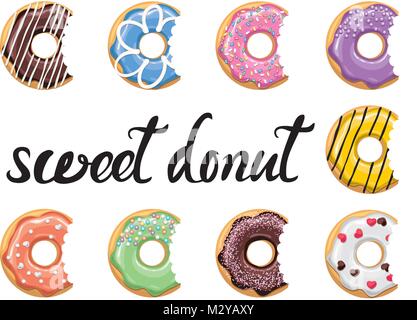 vector modern flat style icons of glazed colorful donuts with glaze, chocolate and sprinkles, isolated doughnuts on white background. donut with bite  Stock Vector