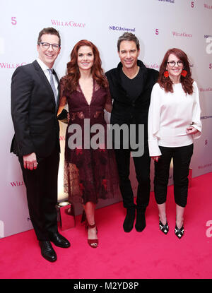 (from left to right) Sean Hayes, Debra Messing, Eric McCormack and Megan Mullally from the cast of Will &amp; Grace, attend a photo call at BAFTA in London ahead of a special screening event for the forthcoming series of the show. Stock Photo