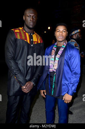 Stormzy (left) and John Boyega attending The Black Panther European Premiere at The Eventim Apollo Hammersmith London. Stock Photo