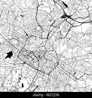 Birmingham Downtown Vector Map Monochrome Artprint, Outline Version for Infographic Background, Black Streets and Waterways Stock Vector