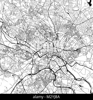 Leeds Downtown Vector Map Monochrome Artprint, Outline Version for Infographic Background, Black Streets and Waterways Stock Vector