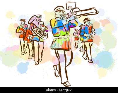 Colorful Marching Band Sketch. Hand Drawn Vector Illustration, Splatter Color Isolated on White Background. Creative  Communication Concept. Stock Vector