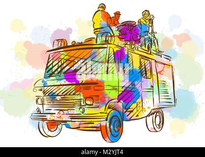 Colorful Band Open Air Truck. Hand Drawn Vector Illustration, Splatter Color Isolated on White Background. Creative  Communication Concept. Stock Vector