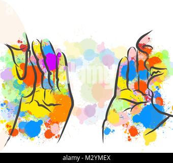 Colorful Gossip Hands Sketch. Hand Drawn Vector Illustration, Splatter Color Isolated on White Background. Creative  Communication Concept. Stock Vector