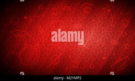 Football championship background. Vector illustration of abstract red soccer background with different icons and football players pattern Stock Vector