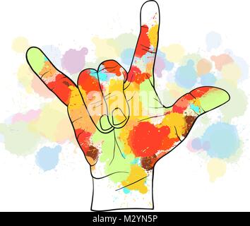 Colorful devil horn hand. Hand Drawn Vector Illustration, Splatter Color Isolated on White Background. Creative  Communication Concept. Stock Vector
