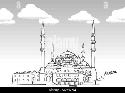 Ankara, Turkey famous landmark sketch. Lineart drawing by hand. Greeting card icon with title, vector illustration Stock Vector