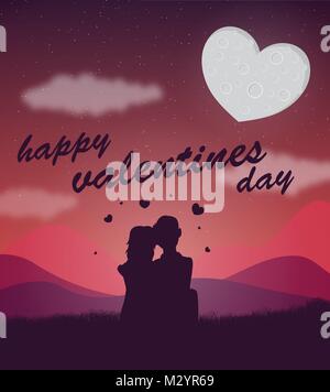 valentines day A silhouette of a couple with a heart shaped moon behind them Stock Vector