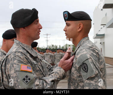 Col. Brian Reed, Commander of the 1st Stryker Brigade Combat Team, 25th Infantry Division, pins the Bronze Star Award with Valor on Sgt. Stephen Stoops, a soldier with the 1st battalion, 24th infantry Regimen, 1/25 SBCT, for heroic actions in Afghanistan in a ceremony on July 23, at Fort Wainwright, Alaska.  (U.S. Army photo by Sgt. Michael Blalack, 1/25 SBCT Public Affairs) 120723-A-AX238-002 by 1 Stryker Brigade Combat Team Arctic Wolves Stock Photo