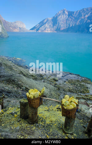 the very acid Ijen crater lake in the Ijen Volcano, Java, Indonesia Stock Photo