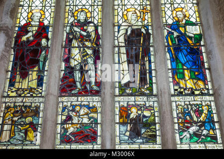 England, Devon, Dartmouth, Dartmouth Castle, St Petrox Church, Stained Glass Window depicting Various Saints Stock Photo