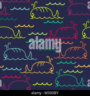 vector abstract sea background with seamless pattern of cartoon whales Stock Vector