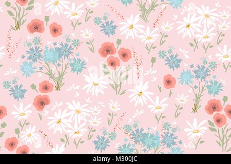 vector seamless floral pattern with colorful flowers - chamomiles, poppy flowers and cornflowers Stock Vector