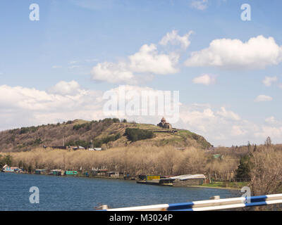 Lake Sevan in Armenia at an altitude of altitude of 1,900 m, the largest fresh water reserve in the area, panorama view with Sevanavank monastery Stock Photo