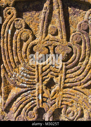 Sevanavank monastery on a peninsula in the Sevan lake in Armenia, a much visited tourist attraction, detail from a craftsmanshipKhachkar, cross-stone Stock Photo