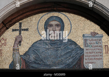Religious mosaic on the exterior of the Bulgarian Orthodox Saint Alexander Nevsky Cathedral built in Neo-Byzantine style in the city of Sofia capital of Bulgaria. Stock Photo