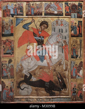 Religious painting titled Saint George and scenes from his life from the 1684 displayed at the Alexander Nevsky Crypt Museum which houses the largest collection of Orthodox icons in Europe from the 13th to the 19th century located at the crypt of the Bulgarian Orthodox Saint Alexander Nevsky Cathedra in the city of Sofia capital of Bulgaria. Stock Photo