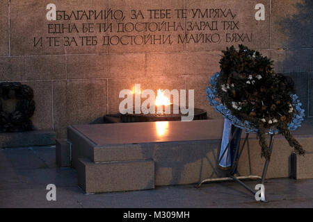 The eternal fire burning at the Monument to the Unknown Soldier which commemorates Bulgarian soldiers who died in wars defending their homeland located on 2 Paris Street in the city of Sofia capital of Bulgaria. Stock Photo