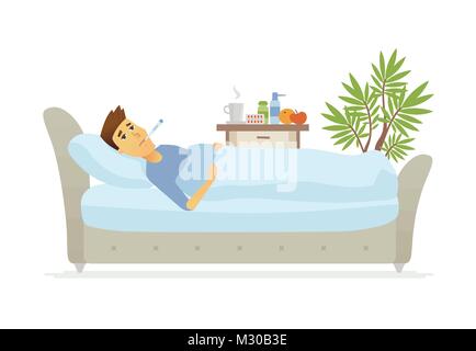 Man having a flu - cartoon people characters illustration Stock Vector