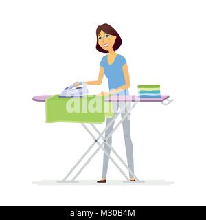 Young woman ironing clothes - cartoon people characters isolated illustration Stock Vector