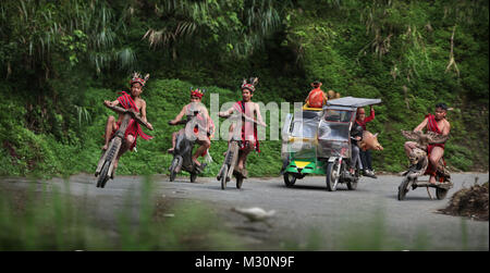 Boys with scooter, street scene, Banaue, Ifugao, Philippines, Asia Stock Photo