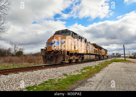 Union Pacific diesel locomotive #5993 traveling along a railroad siding in Montgomery Alabama, USA. Stock Photo