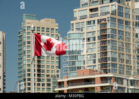 Vancouver, British Columbia, Canada.  A Canadian flag waves in the breeze against a backdrop of Downtown residential high-rises. Stock Photo