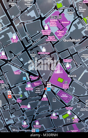 England, London, City of London, Street Map of The Bank of England and Guildhall Area Stock Photo