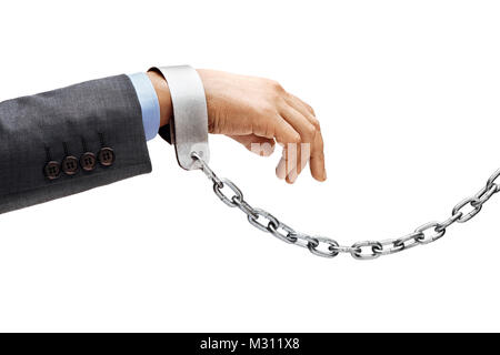 Man's hand in suit in chains isolated on white background. Close up, concept against violence Stock Photo