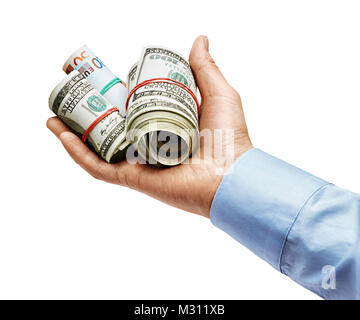 Man's hand in shirt holding dollars banknotes isolated on white background. High resolution product. Close up Stock Photo