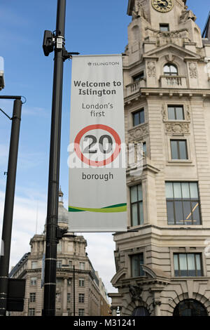 London, England, February 2018, A sign proclaims that Islington has 20 MPH zones. Stock Photo