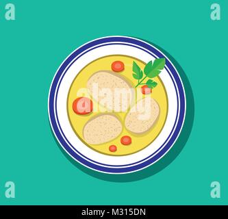 Top view, Sliced gefilte fish soup in bowl, vector design Stock Vector