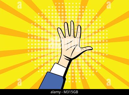 Pop art Raised Hands up at center background, vector Stock Vector