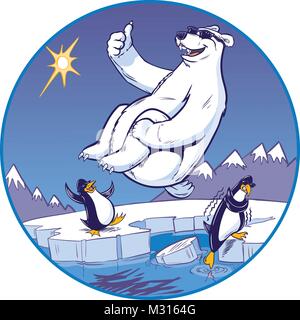 Vector cartoon clip art illustration of a cute funny polar bear mascot giving a thumbs up while doing a cannonball plunge. Penguins watch from a cold  Stock Vector