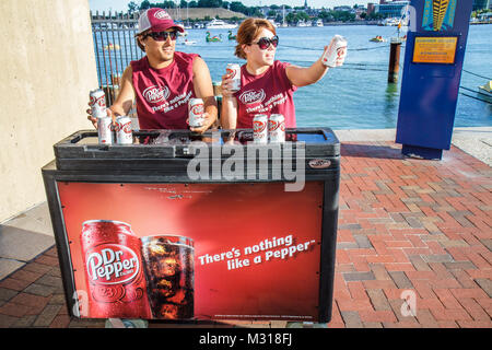 Baltimore Maryland,Inner Harbor,harbour,waterfront,Harborplace,festival marketplace,free sample samples,product,Dr. Pepper,product marketing,ad,advert Stock Photo