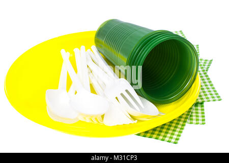 Plastic disposable tableware on white background Stock Photo