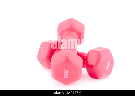 Two plastic coated dumbells isolated on white background. Stock Photo