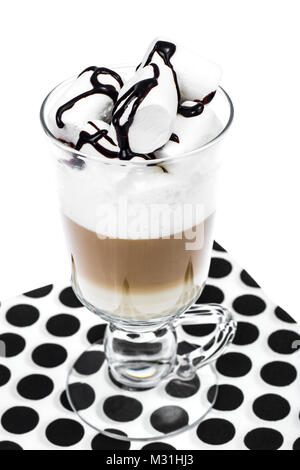 Latte, cappuccino with marshmallow on light background. Chocolate topping Stock Photo