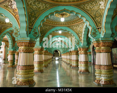 MYSORE, INDIA - January 11 2018: Colorful ornate interior halls of royal Mysore Palace, Karnataka, India