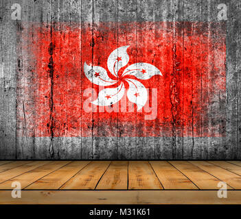 Hong Kong flag painted on background texture gray concrete with wooden floor Stock Photo